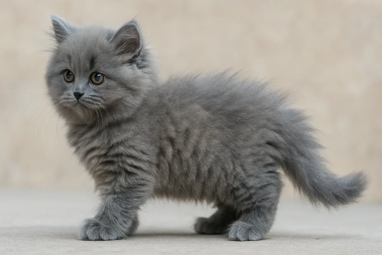 Ayakta duran ve sol tarafa bakan bir british longhair yavrusu