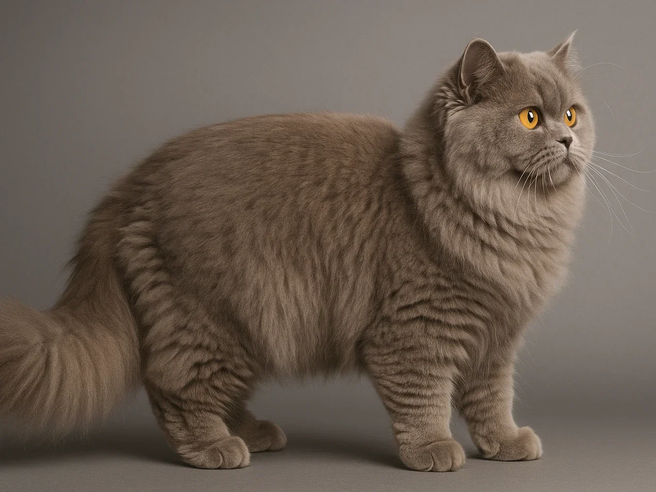 Ayakta duran ve sol tarafa bakan bir british longhair kedi