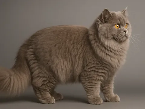 Ayakta duran ve sol tarafa bakan bir british longhair kedi