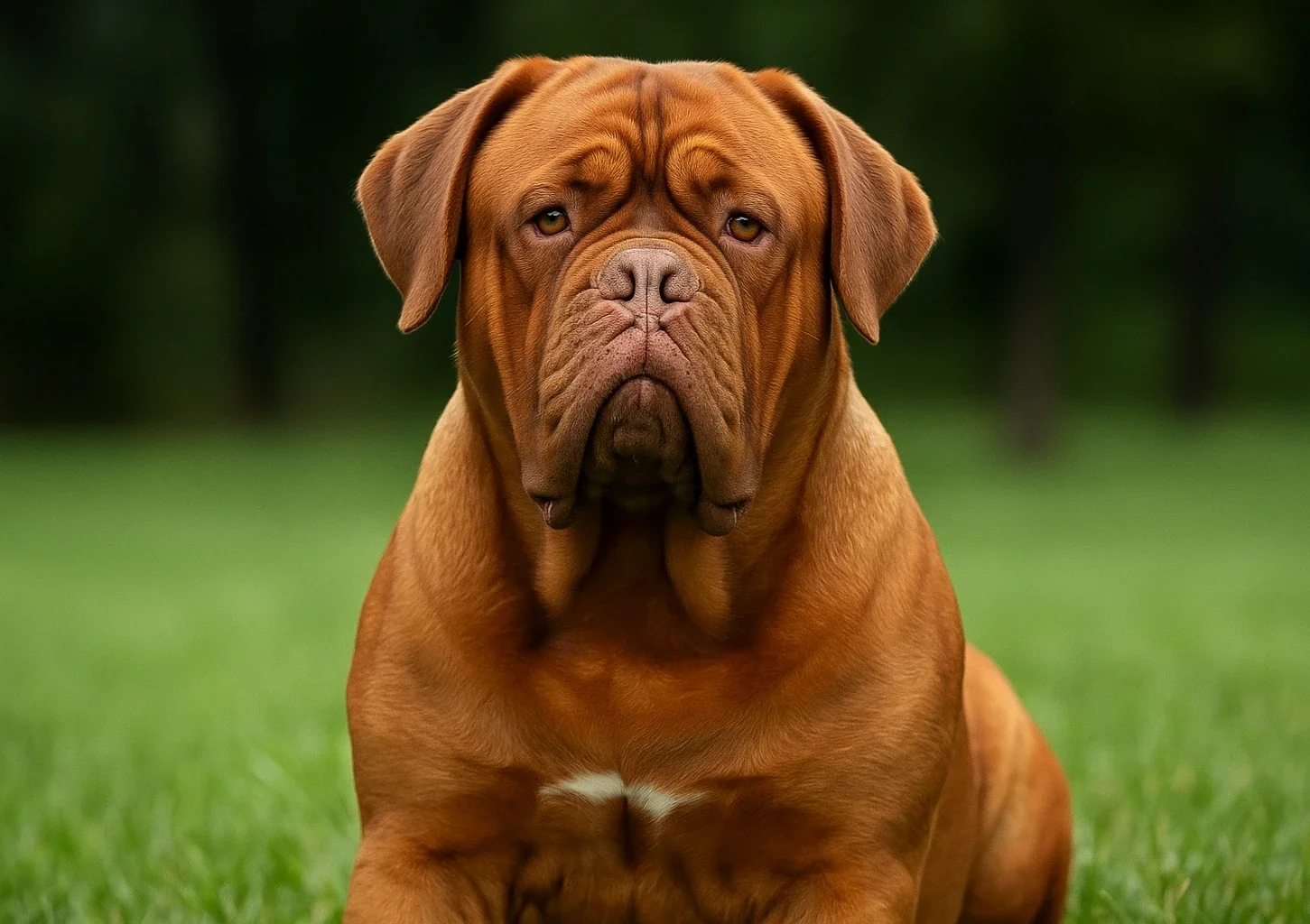 &Ccedil;imlerde oturduğu yerden kameraya bakan bir Fransız Mastiff k&ouml;pek