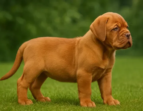 Çimlerde ayakta sol tarafa bakan bir fransız mastiff yavrusu