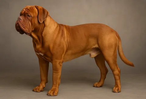 Ayakta sol tarafa bakan bir fransız mastiff