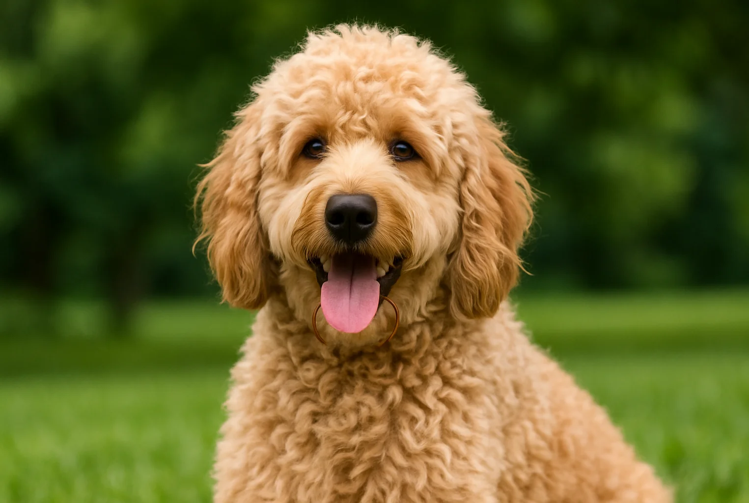 &Ccedil;imlerde oturduğu yerden kameraya bakan bir Goldendoodle