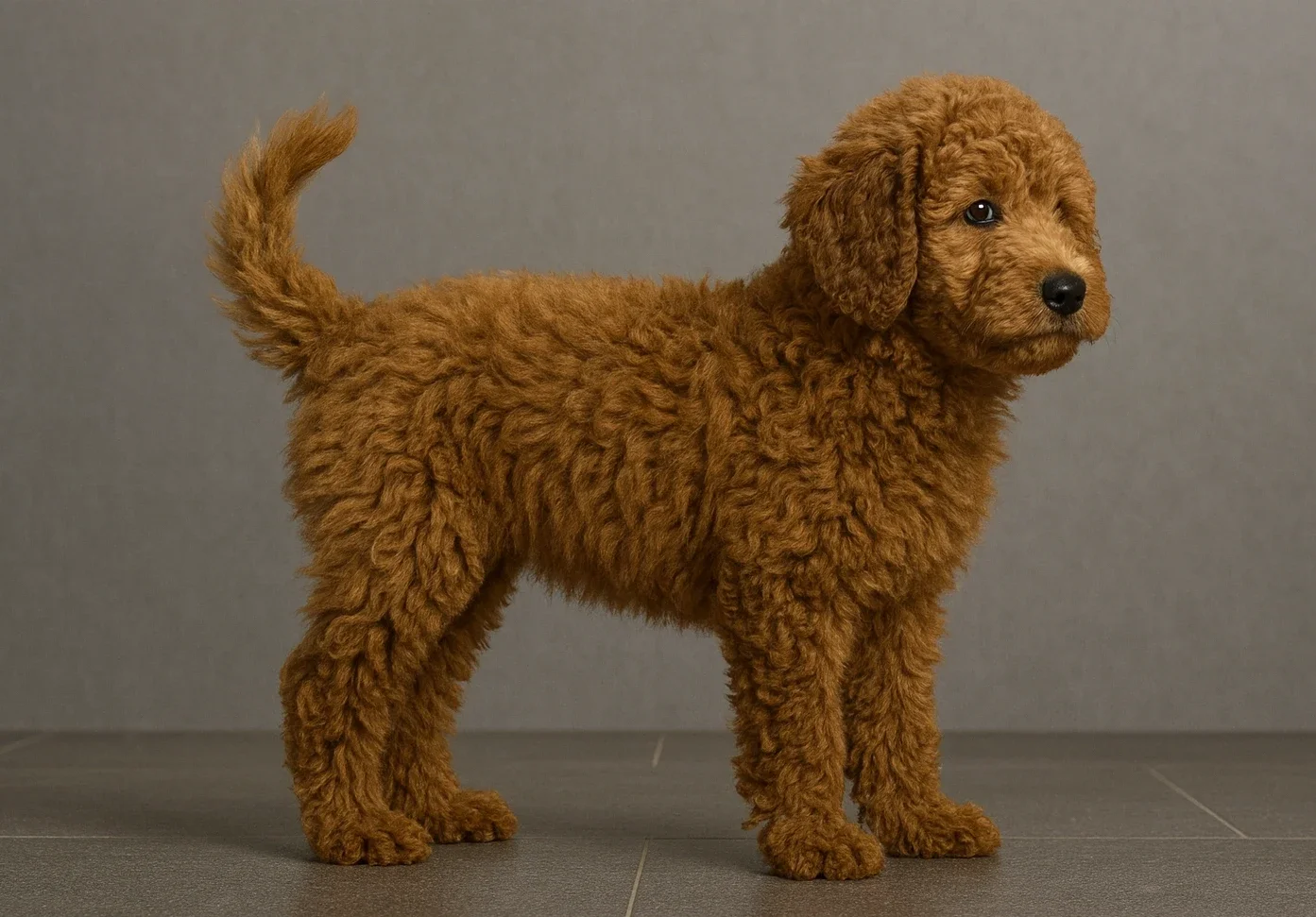 Ayakta sağ tarafa bakan bir Goldendoodle yavrusu
