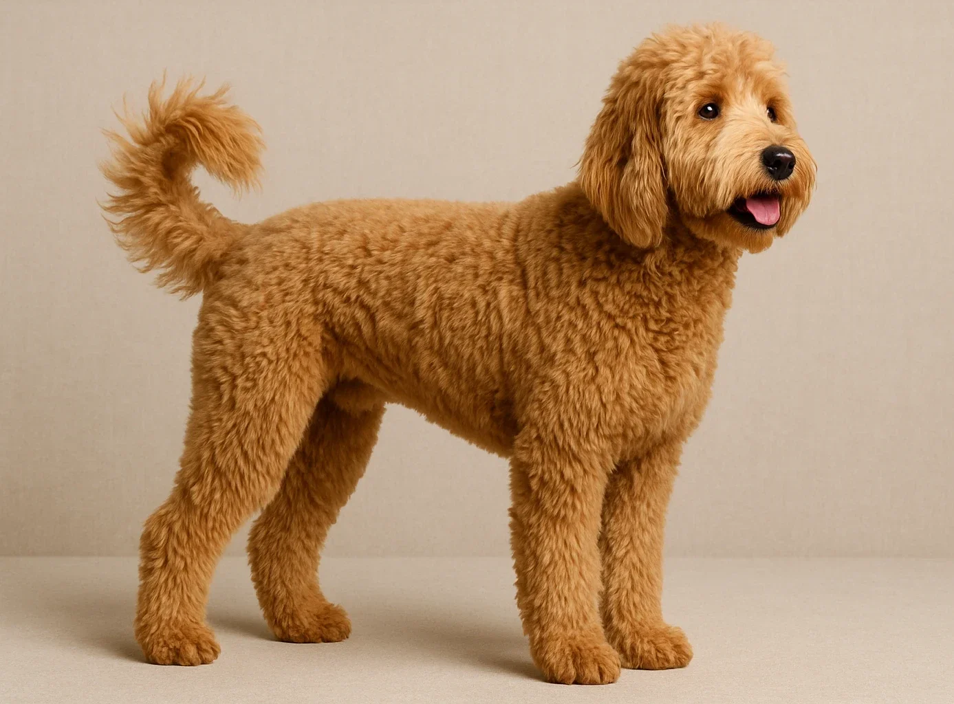 Ayakta sağ tarafa bakan bir Goldendoodle k&ouml;pek