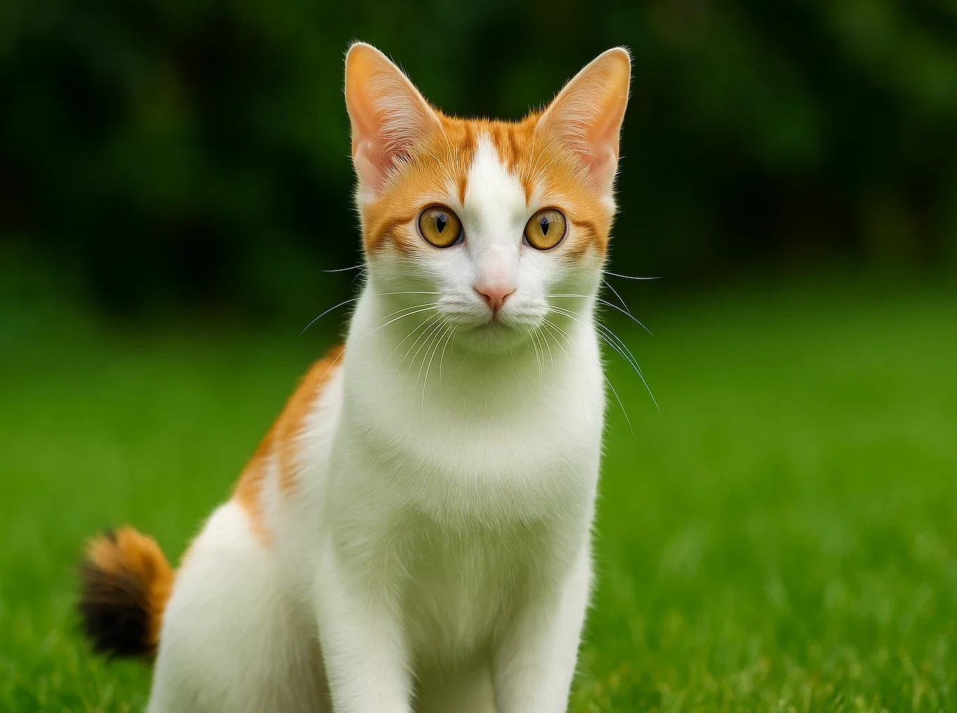 &Ccedil;imlerde oturan ve kameraya doğru bakan bir japon bobtail kedisi