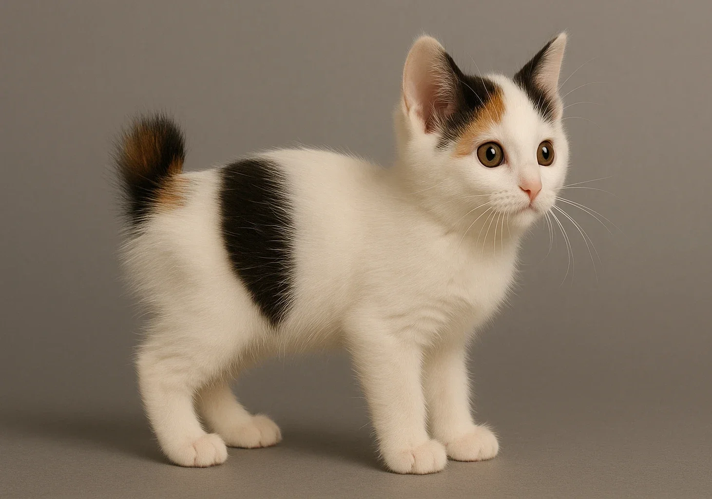 Ayakta sağ tarafa d&ouml;n&uuml;k bir japon bobtail kedisi yavrusu