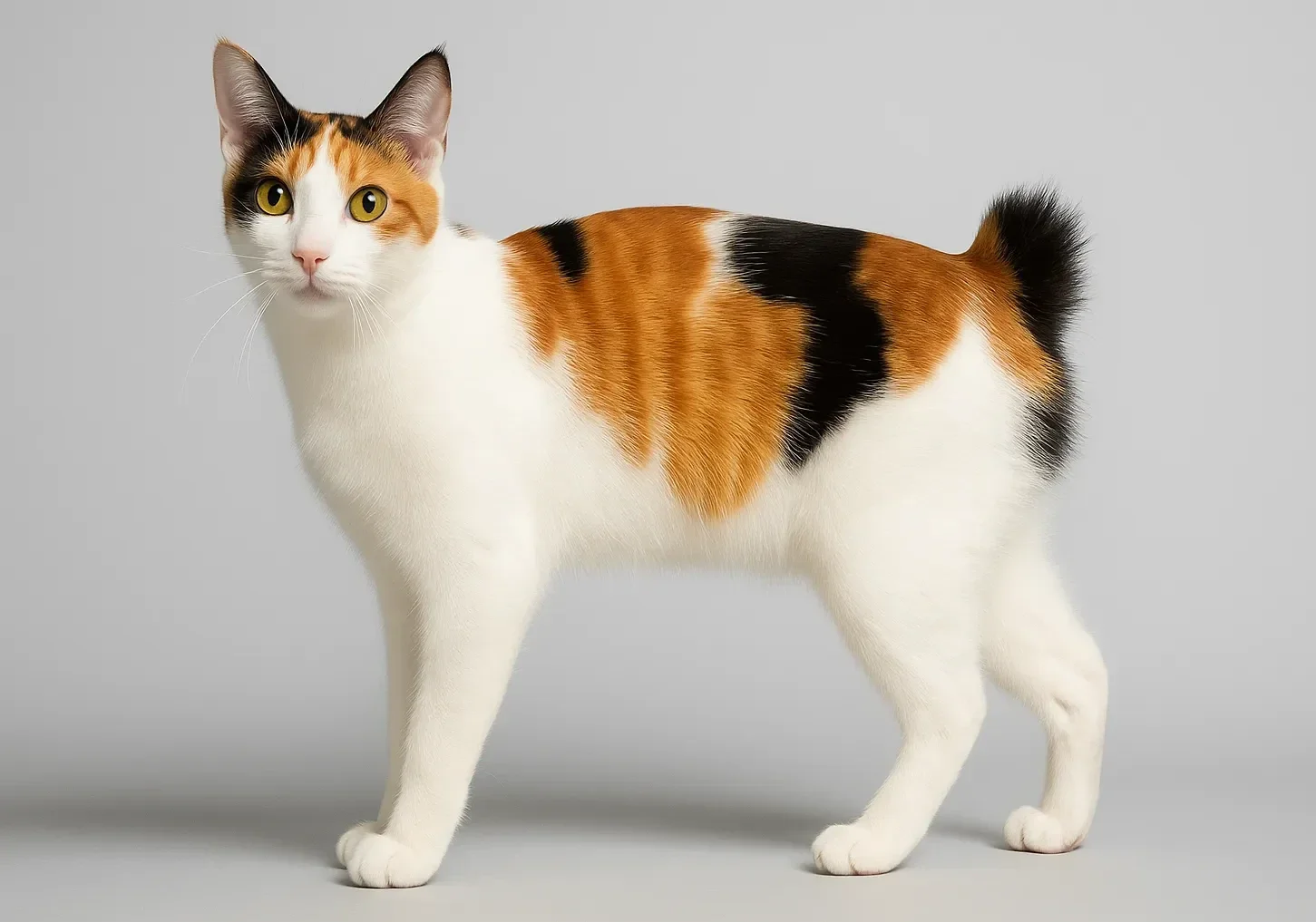 Ayakta kameraya bakan bir japon bobtail kedisi