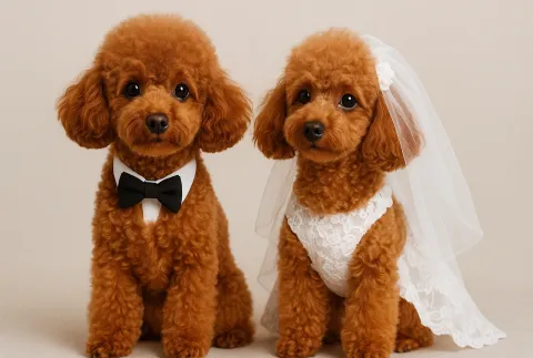 Kameraya bakan bir erkek ve bir dişi poodle köpek