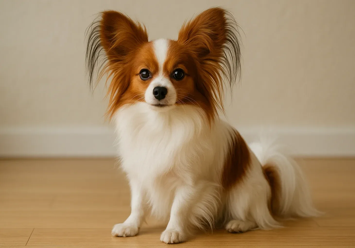 Ev ortamında oturduğu yerden kameraya bakan papillon k&ouml;pek
