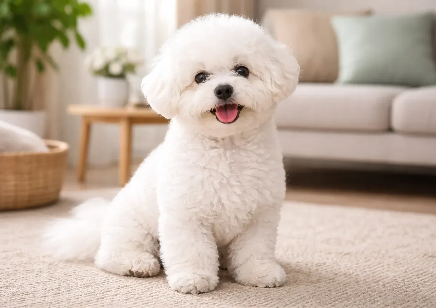 Ev ortamında oturarak kameraya bakan bir bichon frise