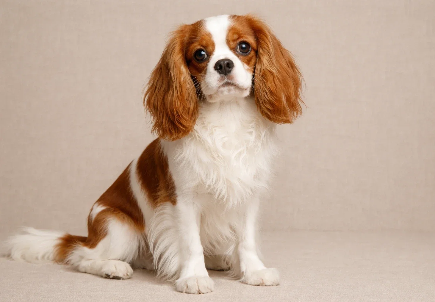 Oturduğu yerde kameraya bakan bir cavalier king charles k&ouml;pek