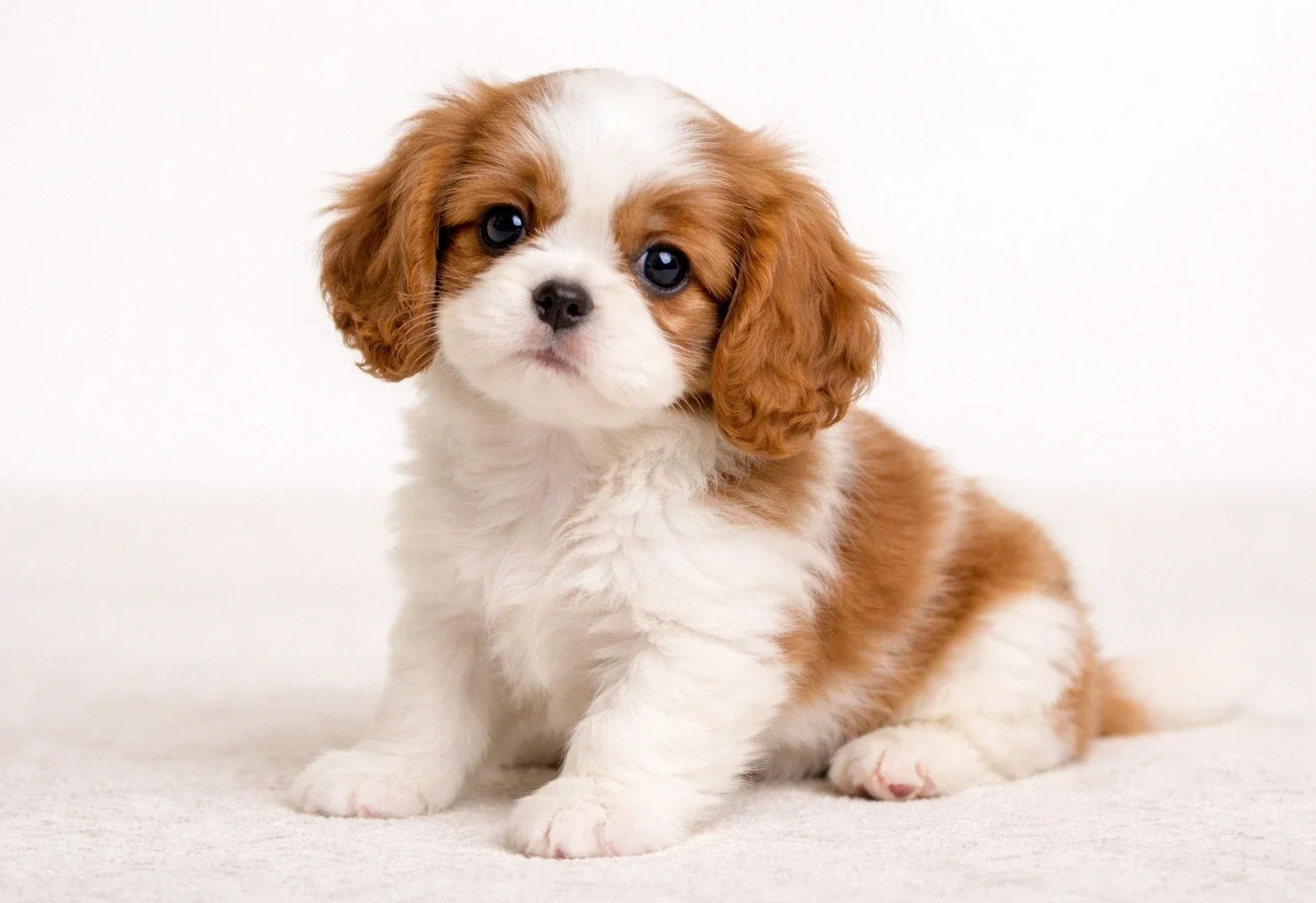 Oturduğu yerden kameraya bakan bir cavalier king charles yavrusu