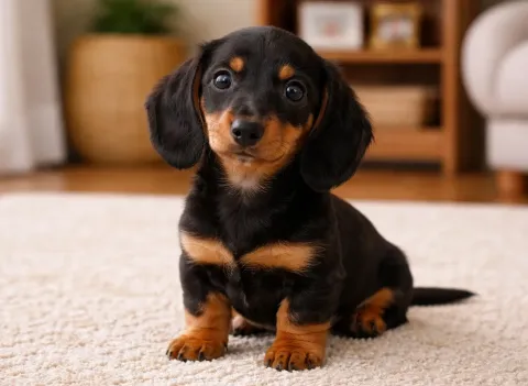 Ev ortamında oturduğu yerden kameraya bakan bir dakhund (sosis köpek) yavrusu