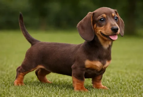 Çimlerde ayakta sağ tarafa bakan bir dakhund (sosis köpek)