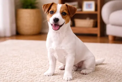 Ev ortamında oturduğu yerden kameraya bakan jack russell terrier