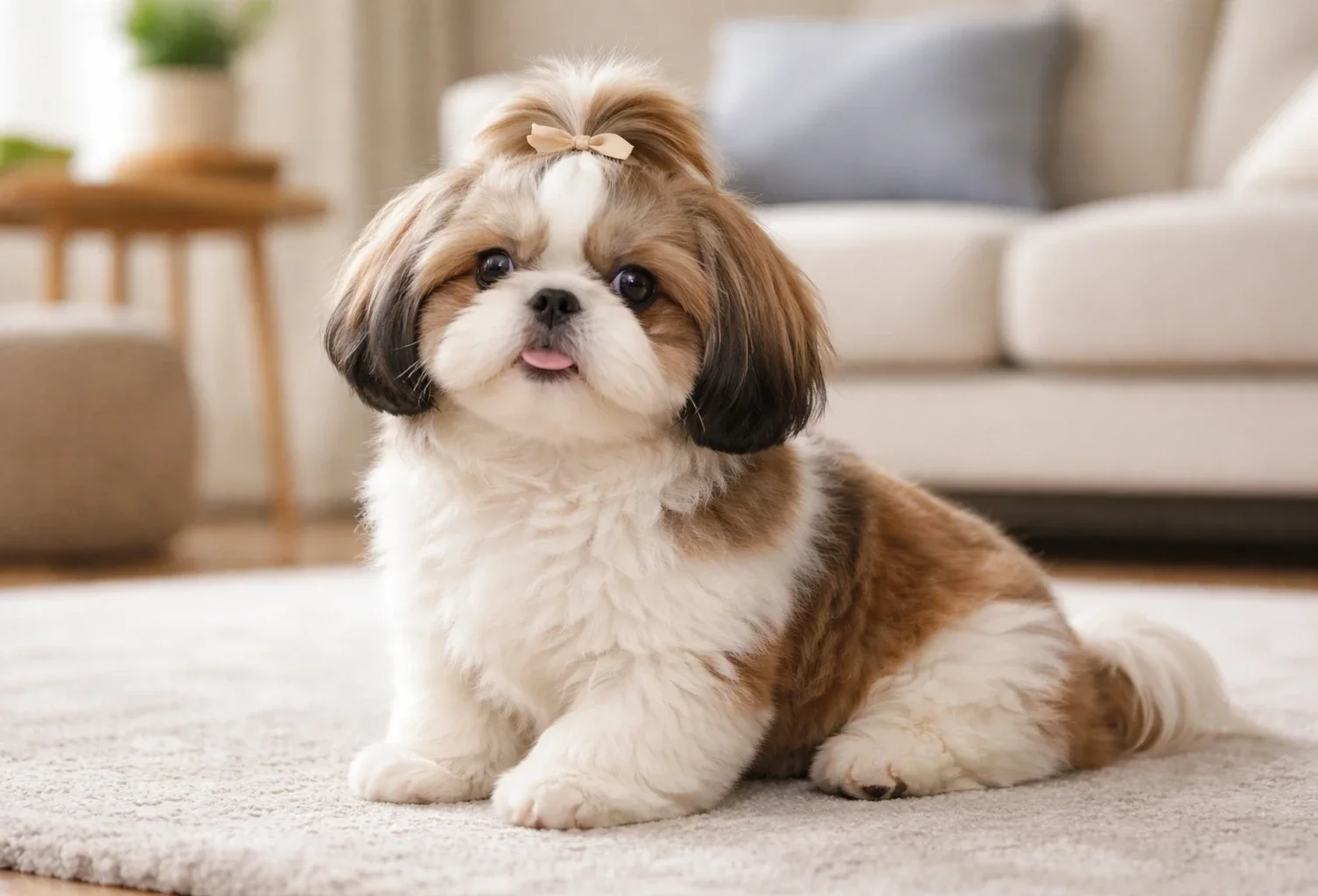Ev ortamında oturduğu yerden kameraya bakan bir shih tzu