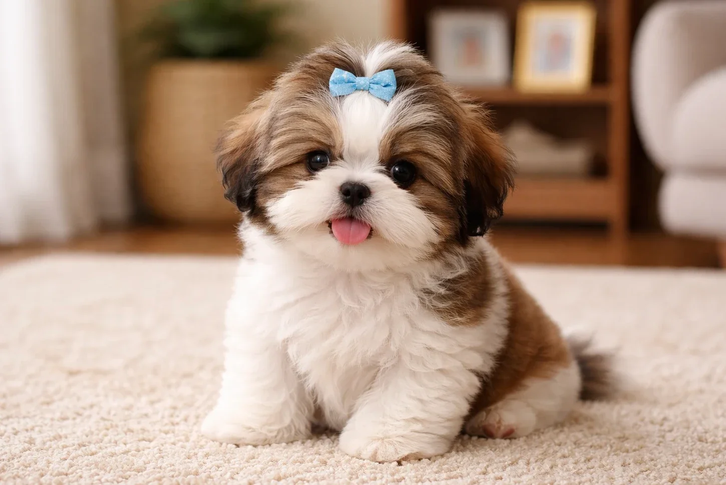 Ev ortamında oturduğu yerden kameraya bakan bir shih tzu yavrusu