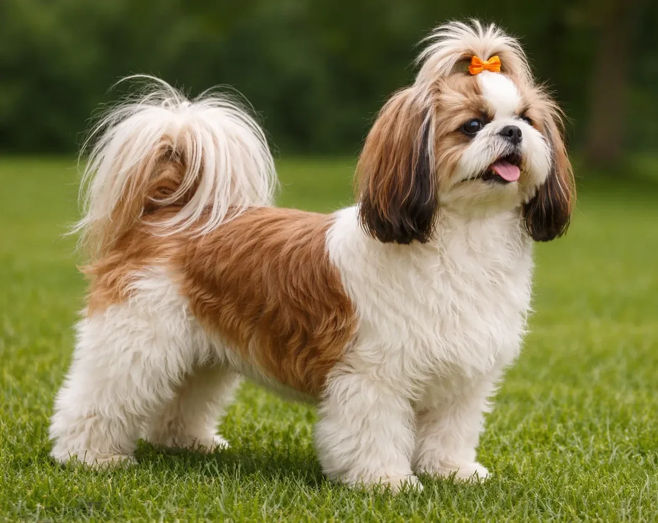 &Ccedil;imlerde ayakta sağa doğru bakan bir shih tzu k&ouml;pek
