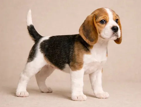 Ayakta sağ tarafa bakan bir beagle yavrusu