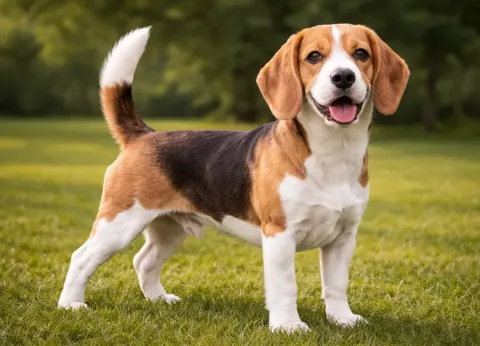 Bahçede ayakta duran bir beagle köpek