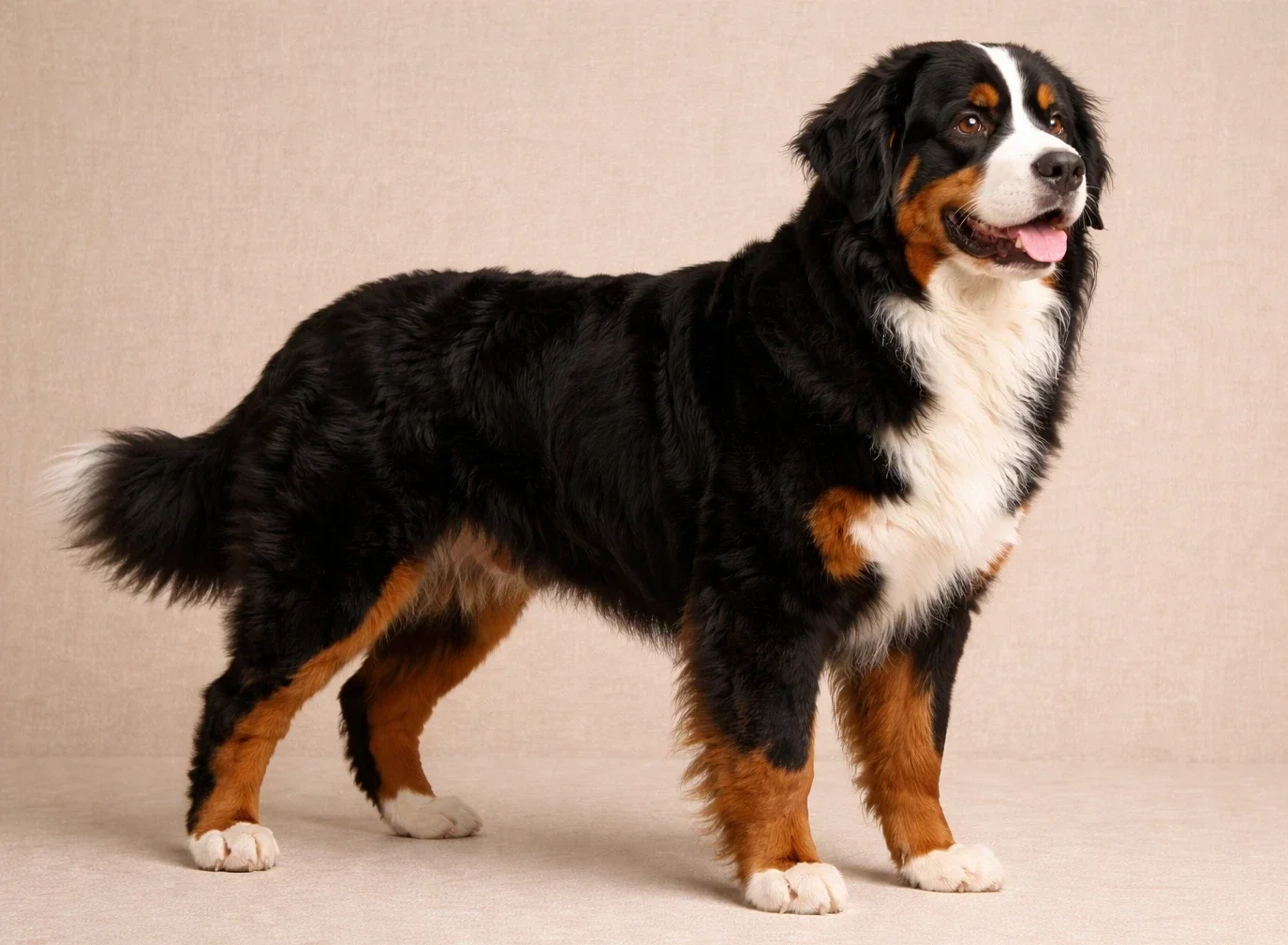 Ayakta sağ tarafa bakan bir bernese dağ k&ouml;peği