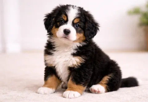 Ev ortamında oturduğu yerden kameraya bakan bir bernese dağ köpeği yavrusu