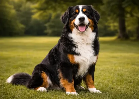 Doğada oturduğu yerden kameraya bakan bir bernese dağ köpeği