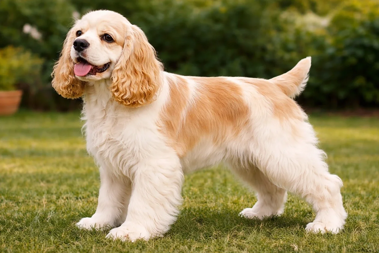 Bah&ccedil;ede ayakta sol tarafa bakan amerikan cocker k&ouml;pek