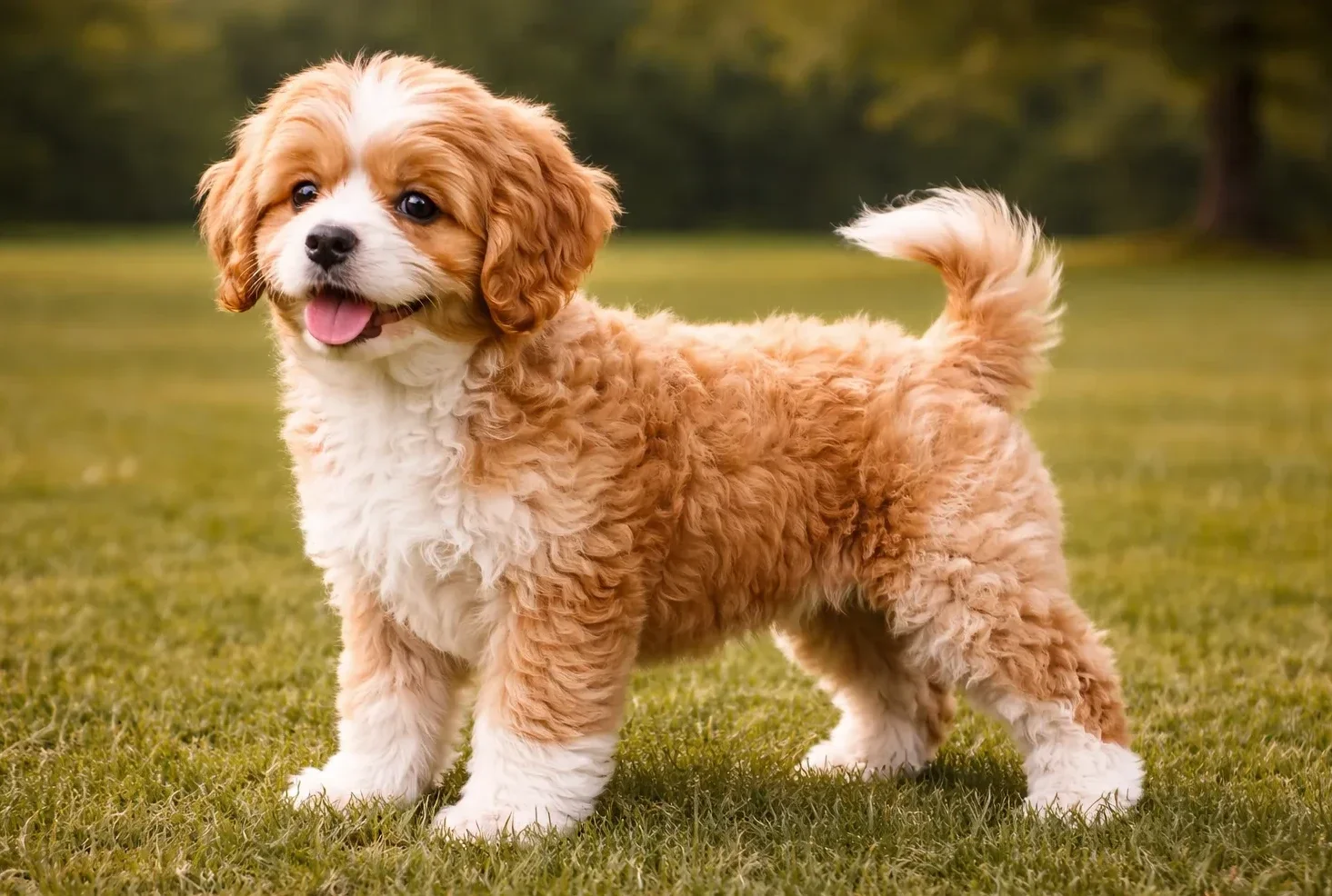 &Ccedil;imlerde ayakta sol tarafa bakan bir cavapoo k&ouml;pek