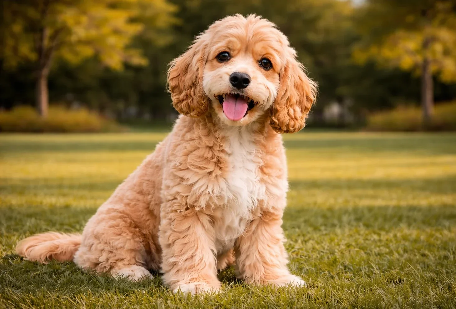 Doğada oturduğu yerden kameraya bakan bir cockapoo k&ouml;pek