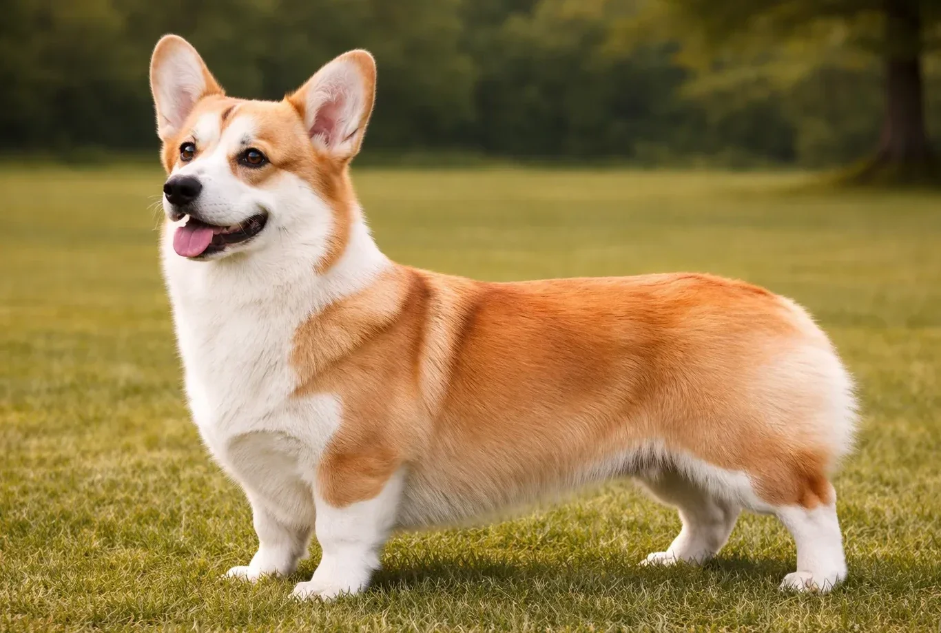&Ccedil;imlerde ayakta durarak sola bakan bir corgi