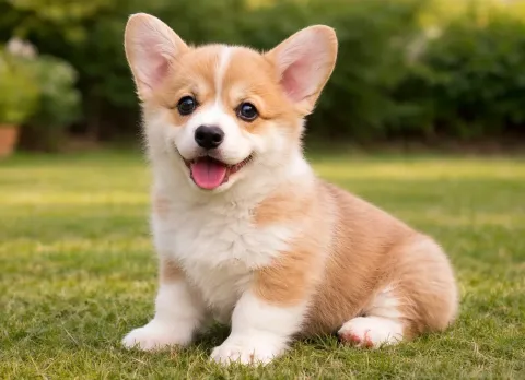 Bahçede oturduğu yerden kameraya bakan bir corgi yavrusu