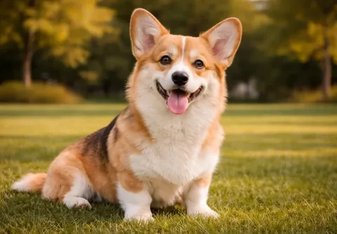 Çimlerde oturduğu yerden kameraya bakan bir corgi köpek