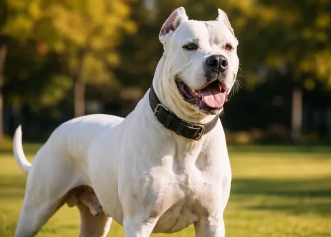 Bahçede ayakta duran, tasması takılı beyaz bir dogo argentino köpek