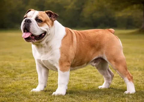Çimlerde ayakta sol tarafa bakan bir ingiliz bulldog