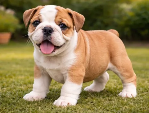 Bahçede ayakta duran ve kameraya bakan bir ingiliz bulldog yavrusu