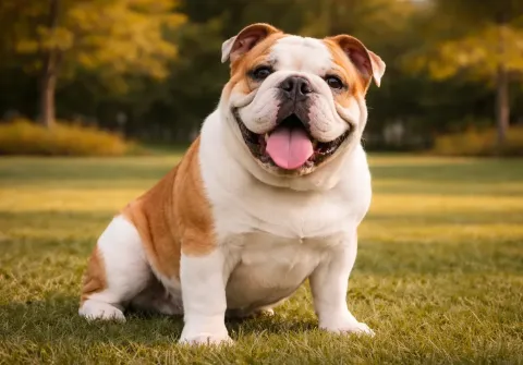 Doğada oturduğu yerden kameraya bakan bir ingiliz bulldog köpek