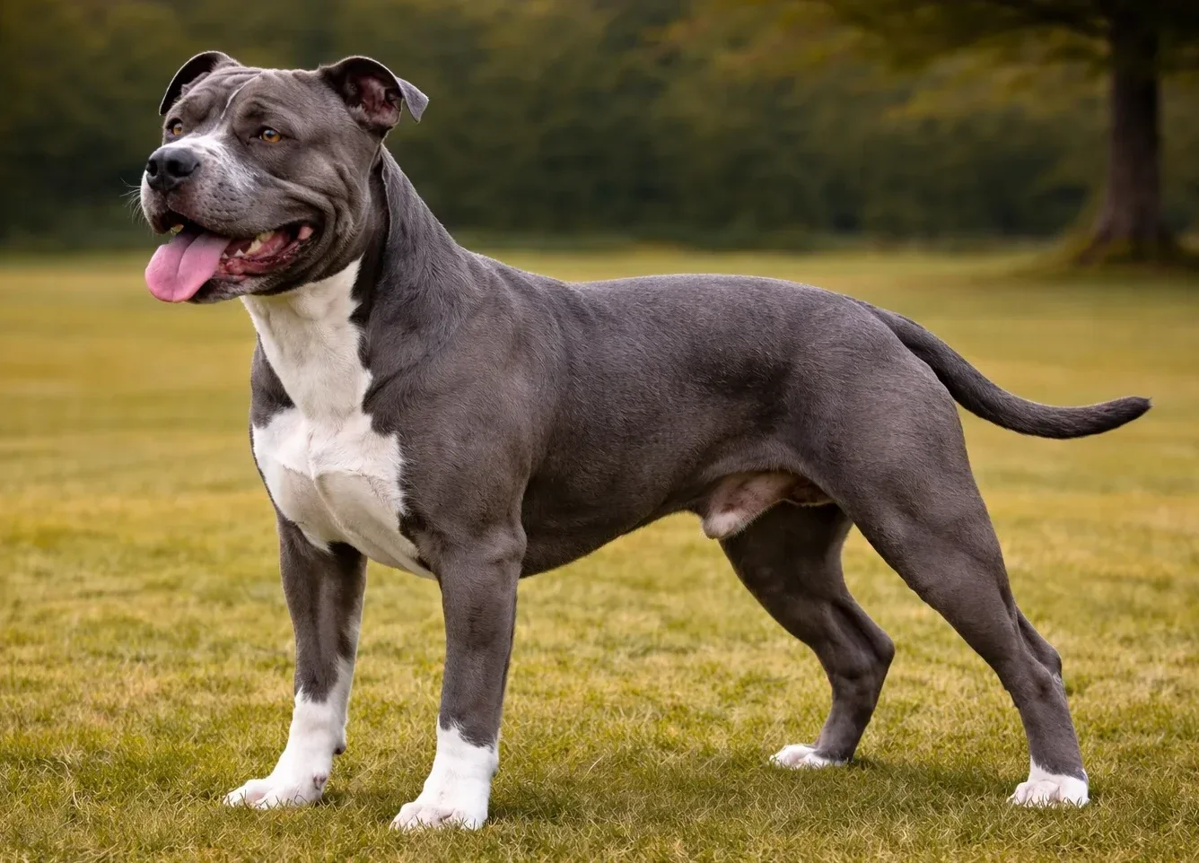 &Ccedil;imlerde ayakta sol tarafa bakan bir pitbull 