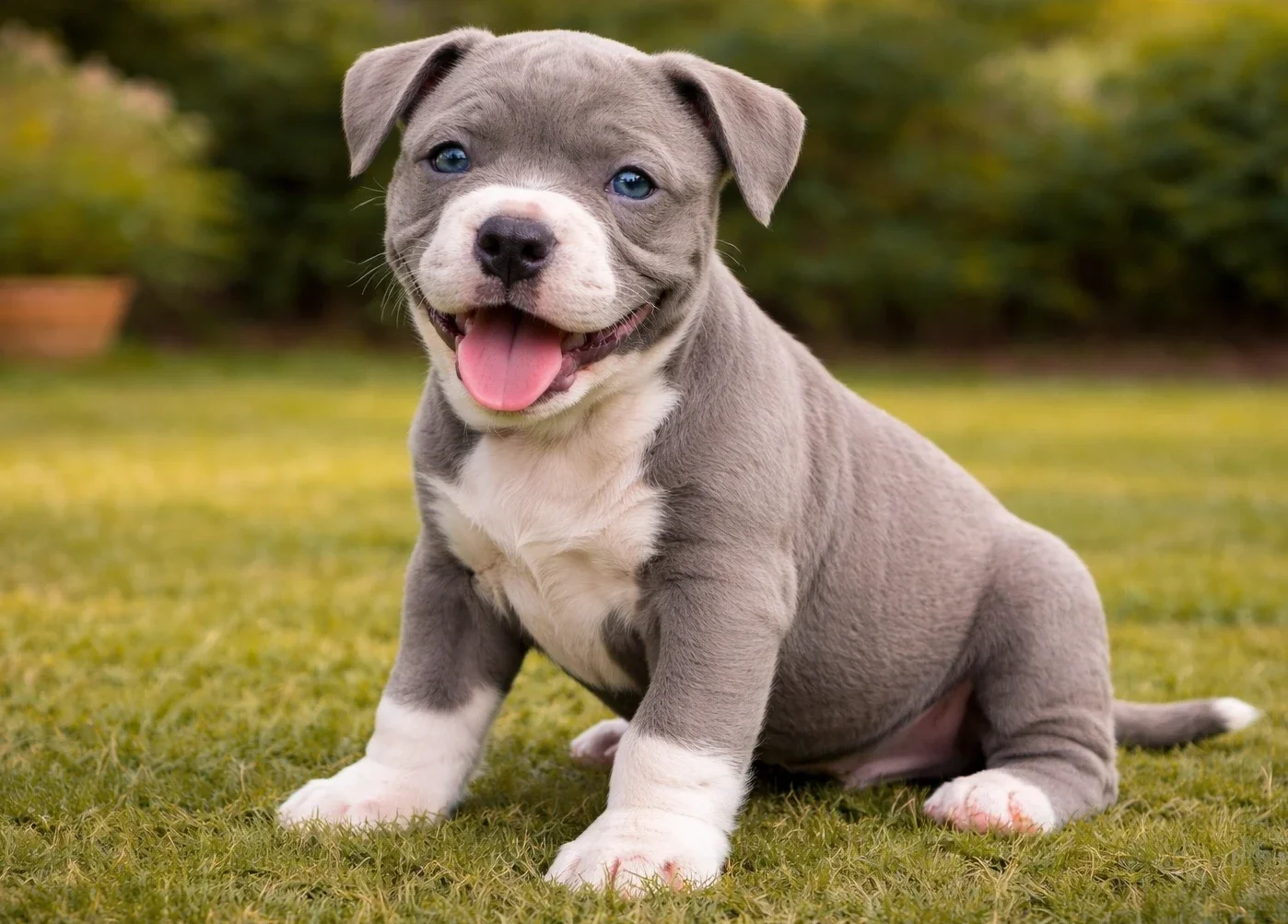 Bah&ccedil;ede oturduğu yerden kameraya bakan bir pitbull yavrusu