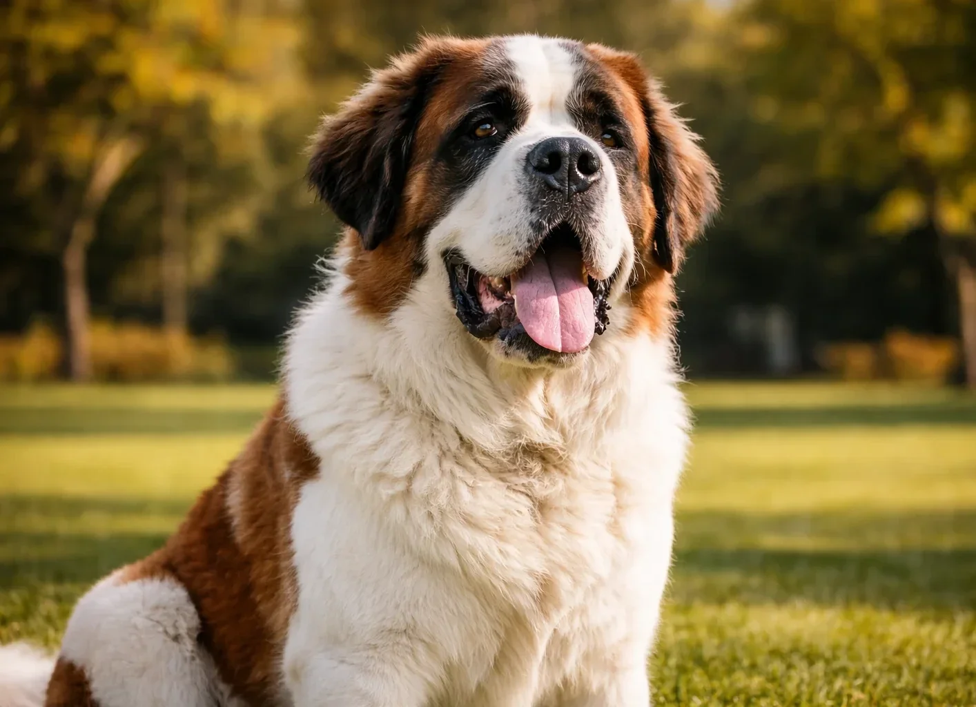 Bah&ccedil;ede oturduğu yerden kameraya bakan bir saint bernard k&ouml;pek