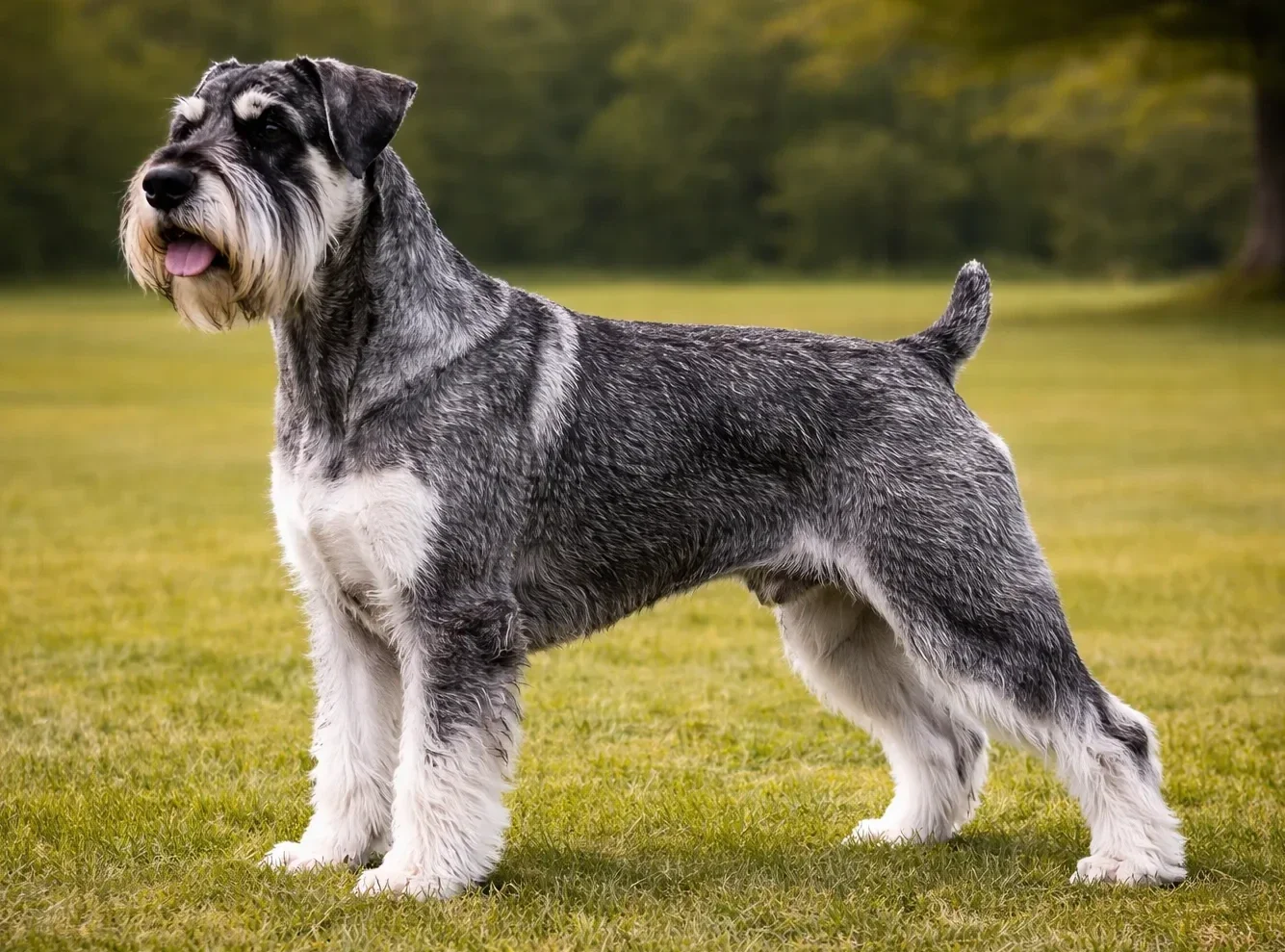 Doğada ayakta sol tarafa bakan schnauzer 