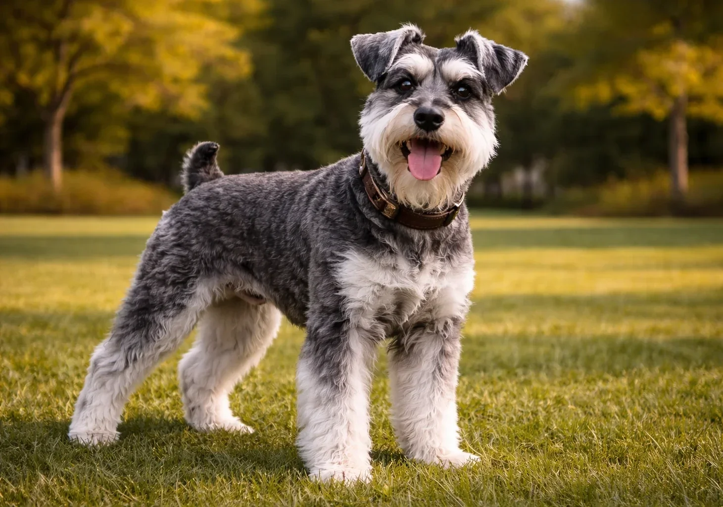Doğada ayakta duran ve kameraya bakan bir schnauzer k&ouml;pek