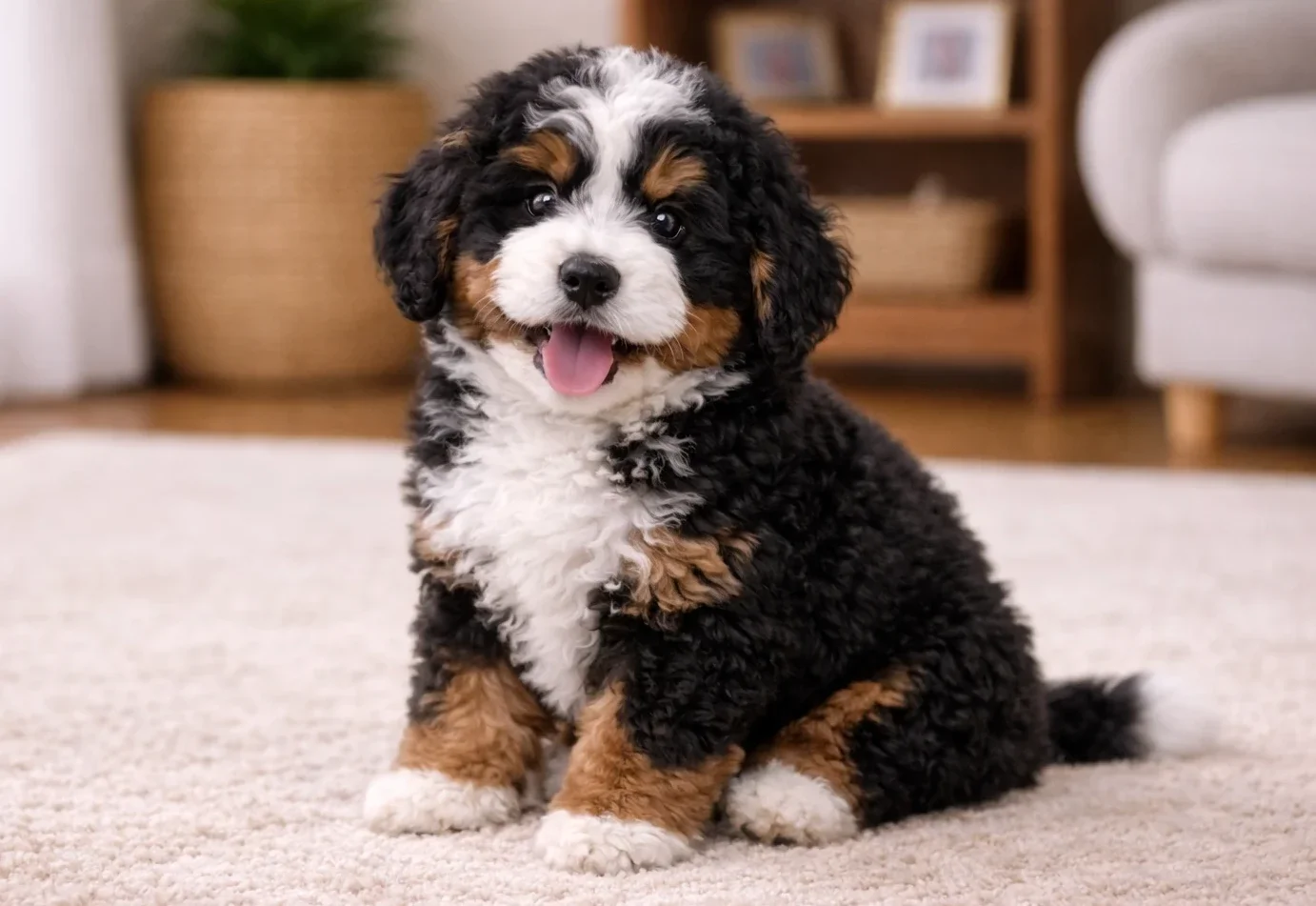 Ev ortamında oturduğu yerden kameraya bakan bir bernedoodle yavru