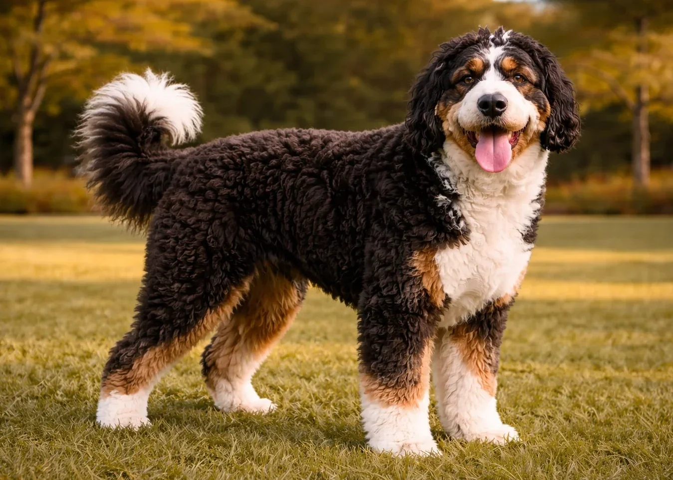 &Ccedil;imlerde ayakta duran ve kameraya bakan bir bernedoodle k&ouml;pek
