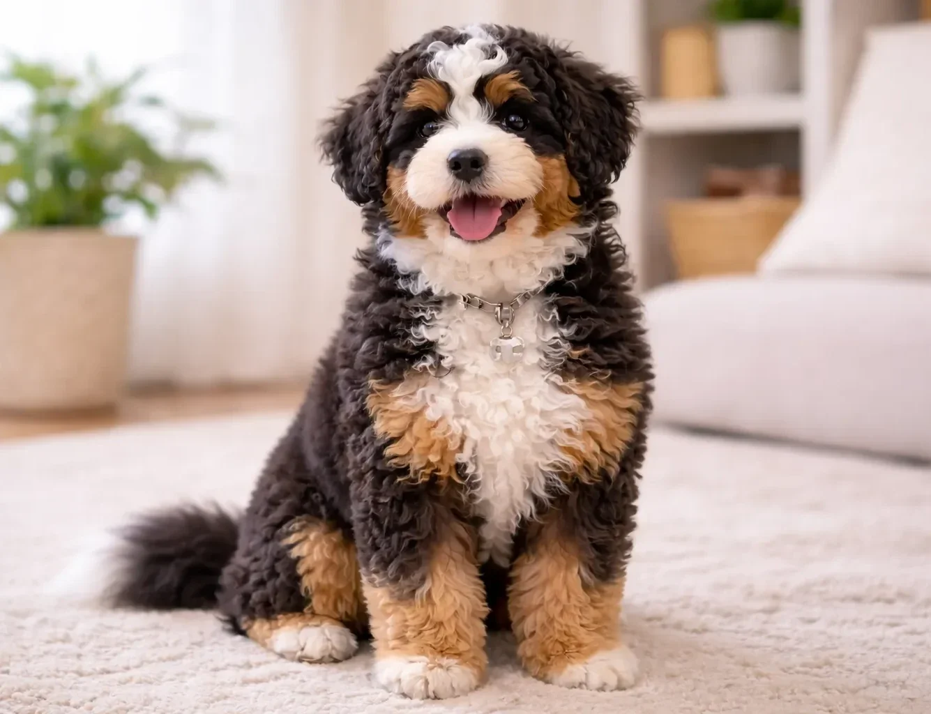 Ev ortamında oturduğu yerden kameraya bakan bir bernedoodle 
