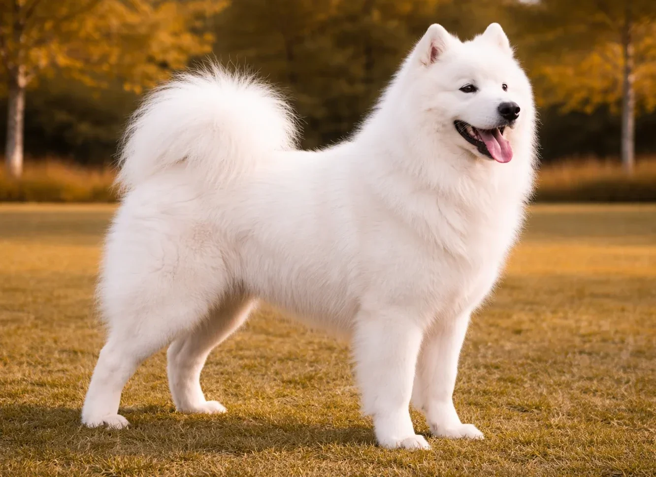&Ccedil;ayırda ayakta duran ve sağ tarafa bakan bir Samoyed k&ouml;pek