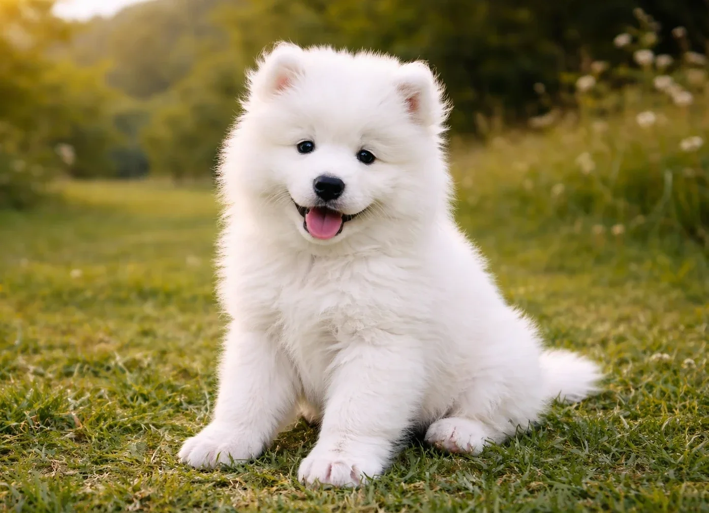 &Ccedil;imlerde oturduğu yerden kameraya bakan bir Samoyed yavrusu