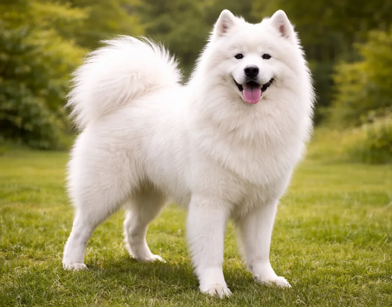 Doğada ayakta duran ve kameraya bakan bir Samoyed