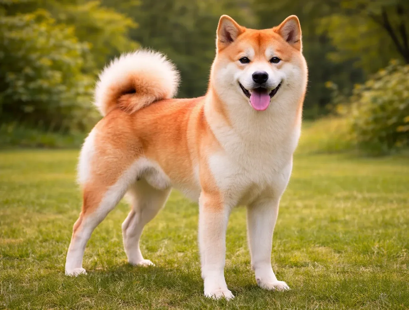 Doğada ayakta duran ve kameraya bakan bir Shiba İnu